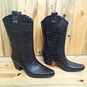 Sweet Beauty Snakeskin Embossed Cowboy Glossy Rubber Rain Boot